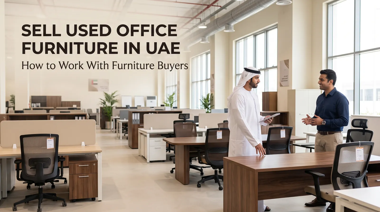 Sell used office furniture in UAE: two people discussing office chairs and desks in a large office